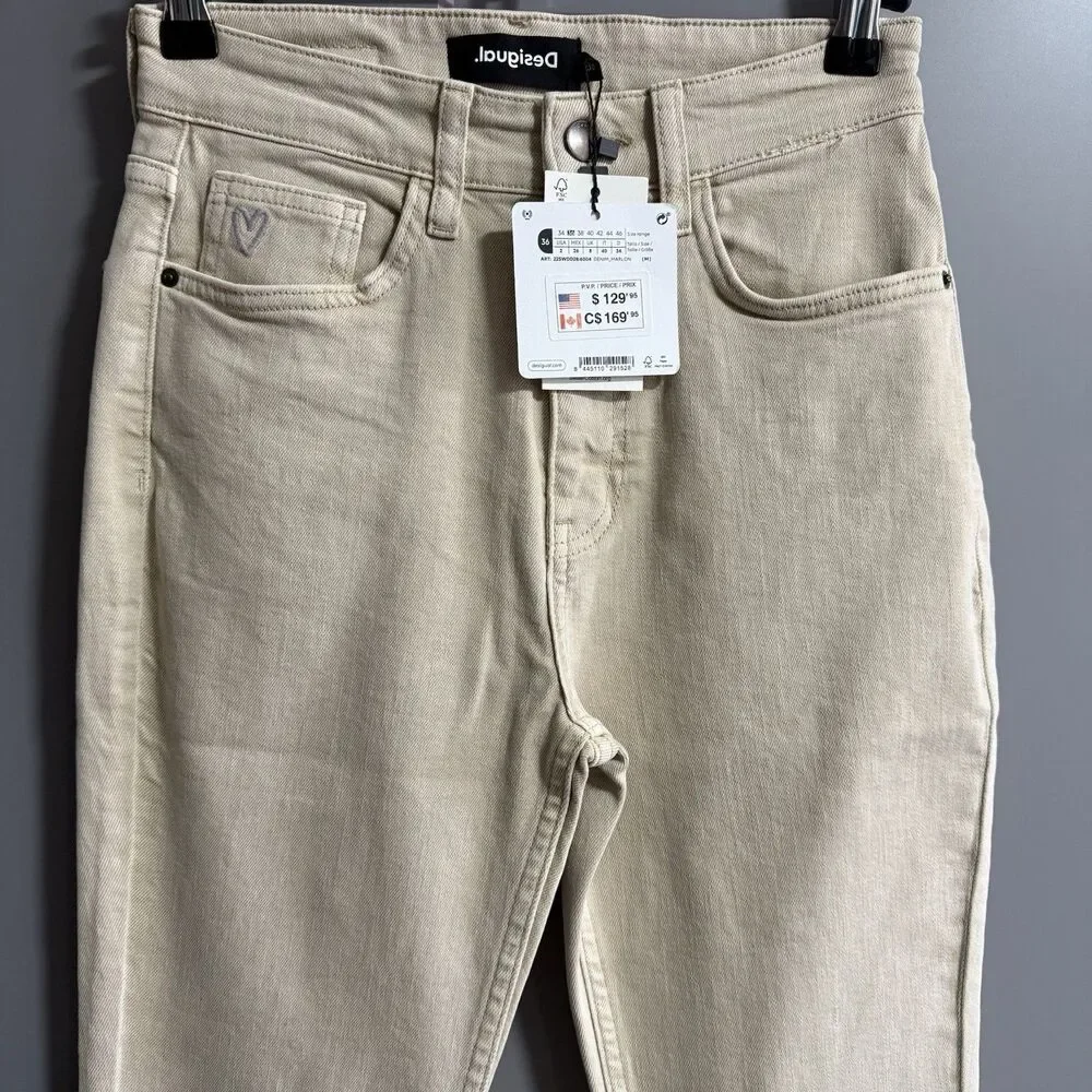 NWT Desigual Women Flare Cropped Ankle Jeans Khaki Beige 36 (US 2) Clean Girl